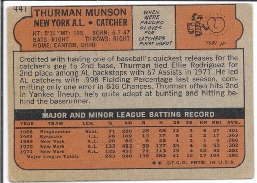 1971 TOPPS THURMAN MUNSON 441 - Picture 2 of 2