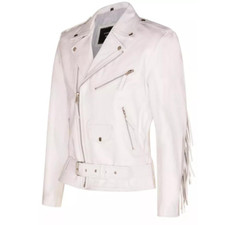 Mens White FRINGE Leather Biker Jacket Brando...