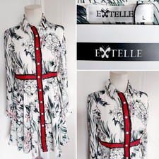 Ivory Green Pink Floral Pattern Red Detail Shirt Button Down Dress BNWT LARGE