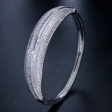 Silver Plated Round Cuff Cubic Zirconia Bangle Bracelet for Women Wedding Brides