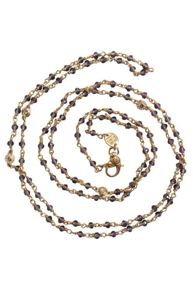 Henri Bendel Brown Amber Crystal beaded long gold chain necklace layering 47” - Image 3 of 4