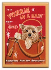 Retro Dogs Refrigerator Magnets: YORKIE  IN A BAG  Vintage Advertising Art