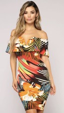 Fashion Nova NEW NWOT Off Shoulder Flounce Ruffle Sexy Tropical Print Dress XS