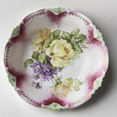 Antique Leuchtenberg Yellow Roses Bowl 10 1/4'' x 2 1/2'' Handpainted CAL & Sons