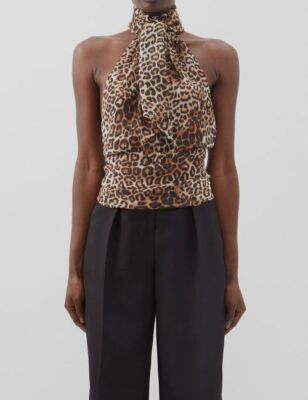 Alexandre Vauthier Women Brown Print Silk Open-Back Halter Sleeveless Top Sz 34