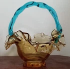 Fenton Aquamarine Blue Handle on Gold Ruffle Basket PONTIL 5"