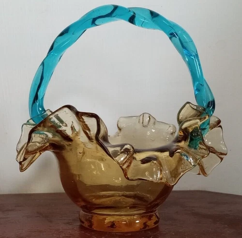 Fenton Aquamarine Blue Handle on Gold Ruffle Basket PONTIL 5"