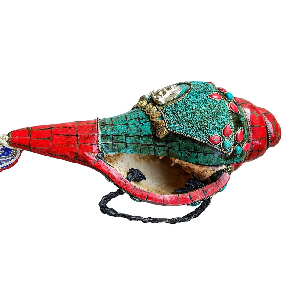 Tibetano Soplando Shankh Caracola Trompeta Cuerno Estatua Turquesa Azulejo Decoración del Hogar Foto 3 de 4