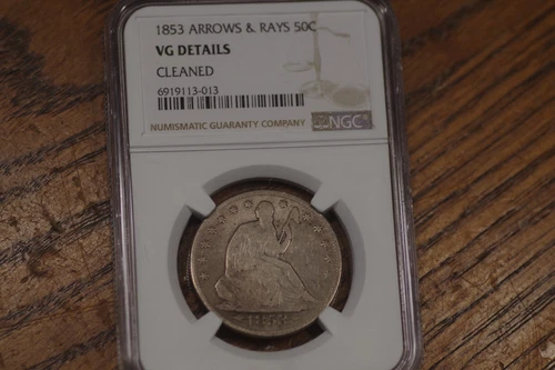 1853 50C Seated Liberty Half Dollar Arrows & Rays Silver, NGC VG DETAILS CLEANED