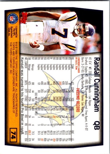 1999 Topps Season Opener #74 Randall Cunningham football card 11UU - Picture 2 of 2