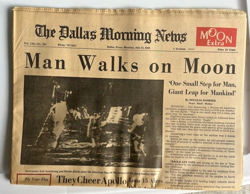 Vtg Original Newspaper Man Walks On Moon Dallas Morning News Jul 21, 1969