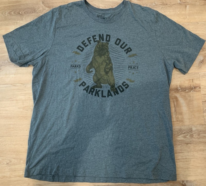 Parks Project Gray and Gold Short Sleeve Tee. golden bear 'Defend Our Parklands'
