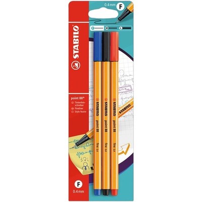 STABILO Point 88 FINEELINER-Tintenfeinschreiber-0,4 mm-3er Pack-ROT-BLAU-SCHWARZ