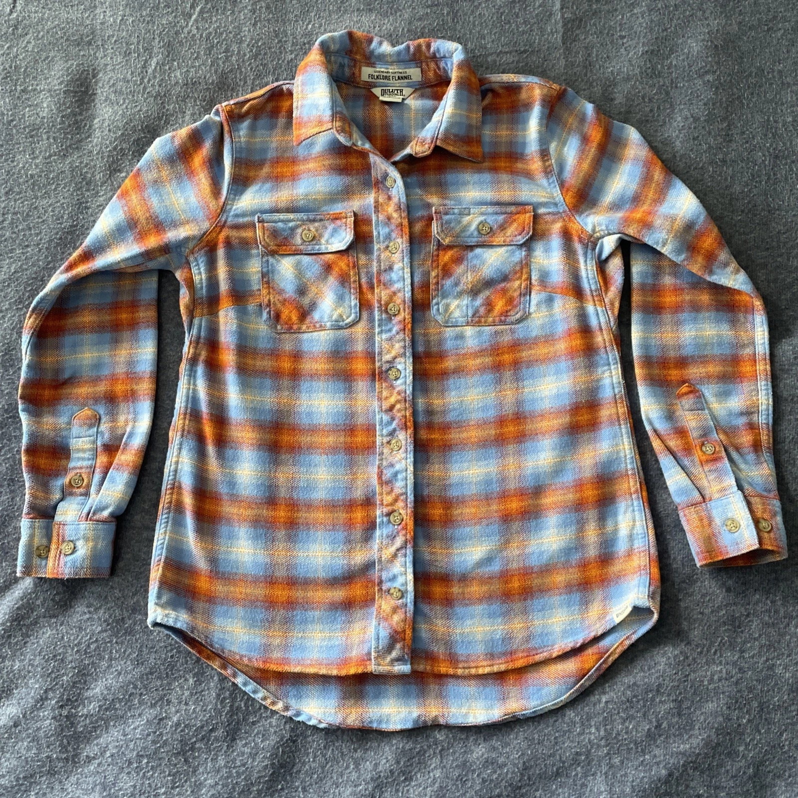 Duluth Flannel Shirt Womens Extra Small Sky Blue Orange Plaid Shammy Outdoor