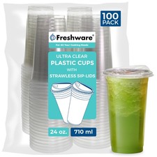 24 oz Clear Disposable Plastic Cups with Strawless Sip Lids, 100 Pack Clear P...