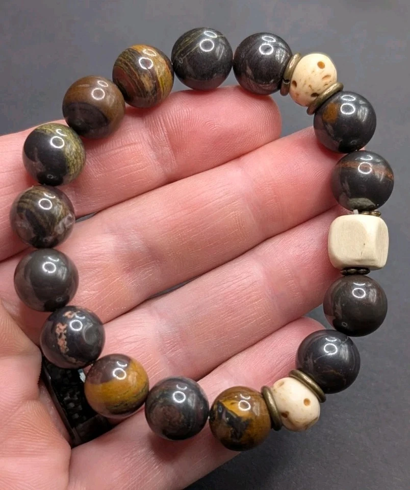 Pulsera elástica unisex marrón con cuentas de 10 mm piedras preciosas terrosas (17 cm) S/M Foto 4 de 4