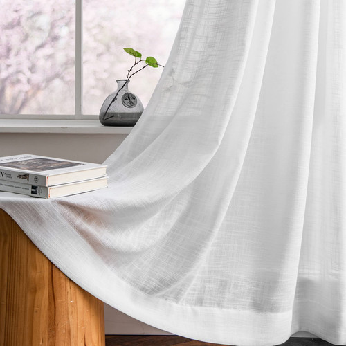 White Linen Textured Semi Sheer Curtains 63 Inch Length for Bedroom Living Ro...