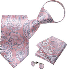 Silk Zipper Ties for Men,Paisley Solid Plaid Pre-tied Tie and Pocket Square Cuff