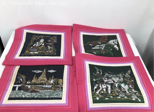 Vintage Lot of 4 Pink 1950s Thai Silk Pillow Cases 16X16 in Buddhism Great Cond.