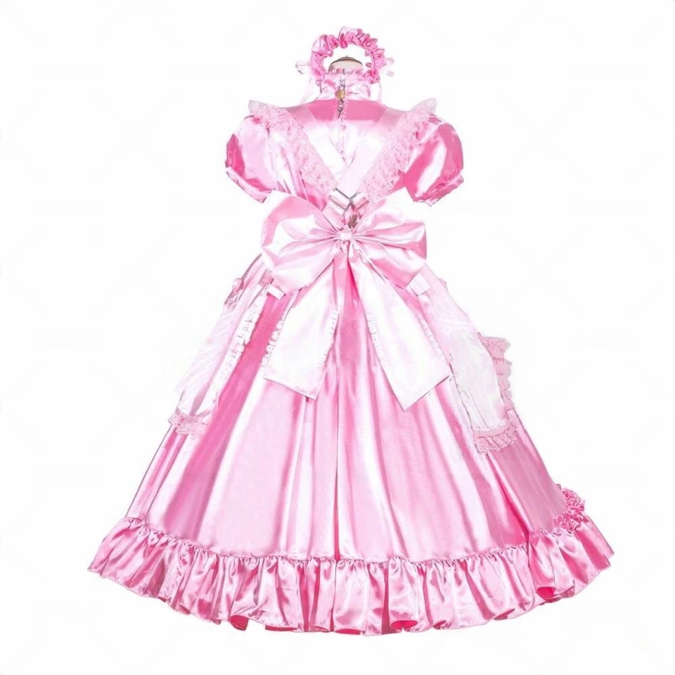 Gótico Lolita Niña Sissy Criada Bloqueable Rosa Satén Vestido Disfraz Disfraz a Medida Foto 3 de 4