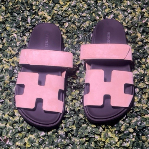 Hermes Women’s Pink/Black Leather Slide Sandals Logo Straps Slip-On