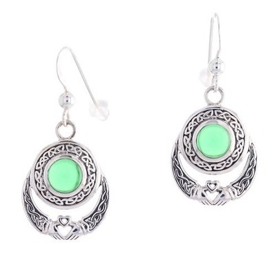 Jewelry Trends Sterling Silver Celtic Claddagh Dangle Earrings with Dark Green G