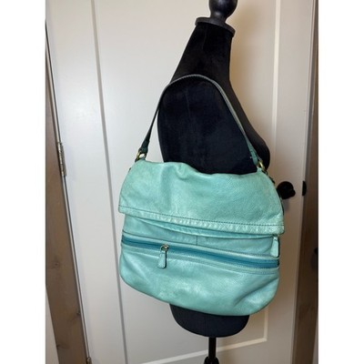 Vintage Fossil Explorer Fold-Over Leather Shoulder Bag Purse Aqua Teal Brass