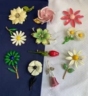 Vtg Flower Brooch Lot Aurora Borealis Rhinestone Enamel Pins Costume Jewelry