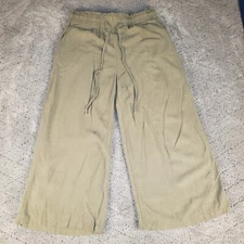 Anrabess Wide Leg Pull On Crop Pants Womens L Olive Green Linen Blend Lagenlook