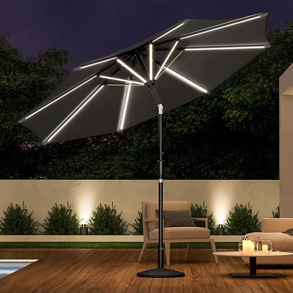 3M Round Patio Umbrella Garden Parasol LED Solar Lights Crank Tilt with  Base | eBay