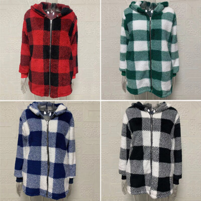 Women's Fuzzy Fleece Zip Up Jacket - Oversized Plaid Print Hooded Sweatshirt For Casual Warmth
