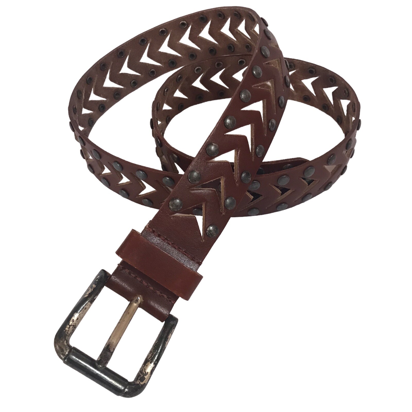 Leather Belt Studded Arrow Cut Outs Brown  Coastal Cowgirl Boho Western Y2K 34-image
