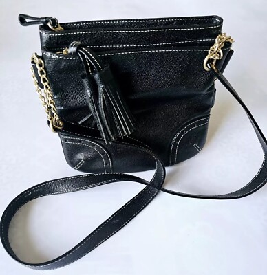 Vintage TALBOTS Black Pebbled LEATHER Chain Strap Dual Zip/Tassel CROSSBODY Bag 