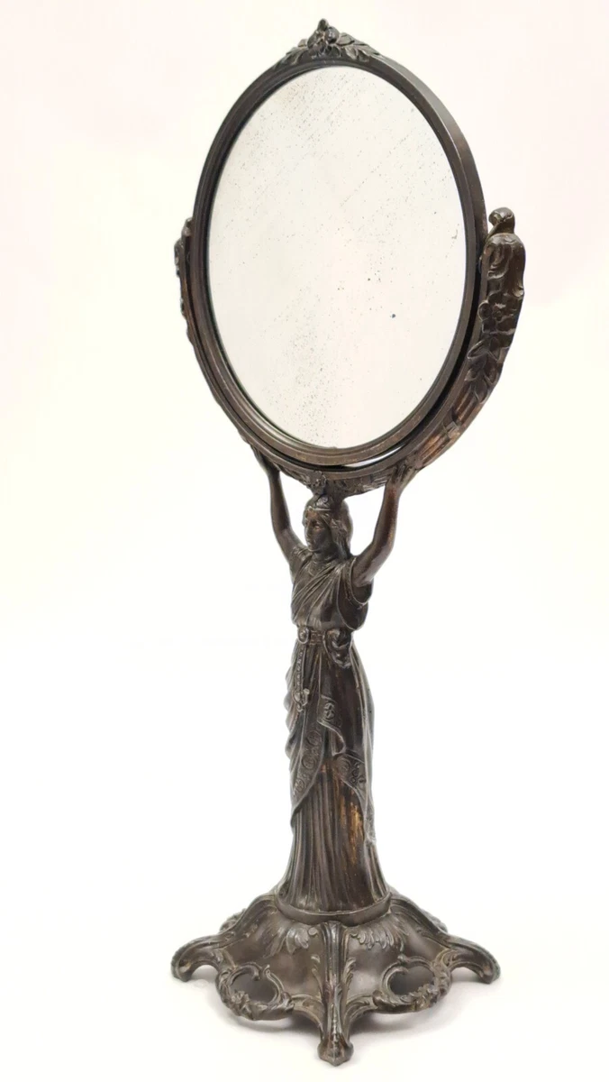 Miroir Psyché Ancien En Bronze - Motifs Angelots, Volutes Et Coquille - Déco 34,5 Cm