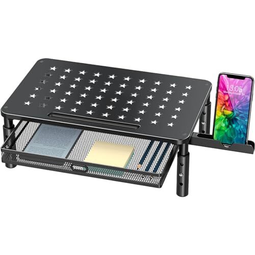 Adjustable Metal Mesh Monitor Stand with Drawer and Phone Holder  -image