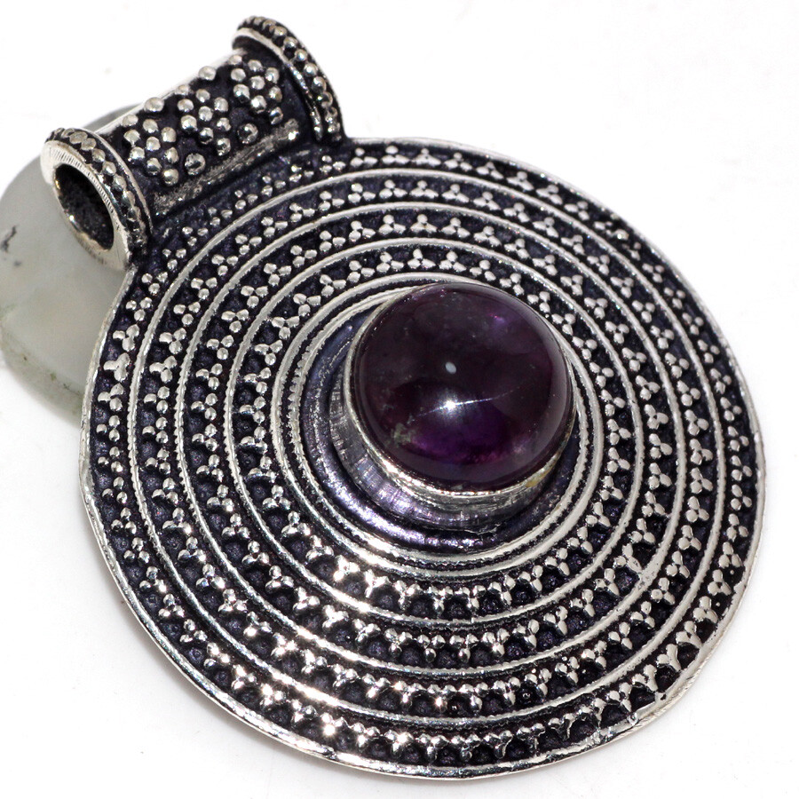 Natural Amethyst 925 Silver Plated Antique Pendant 1.8