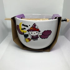 Halloween Hello Kitty Ramen Bowl with Chopsticks Ceramic Bowl Witch Bats Pumpkin