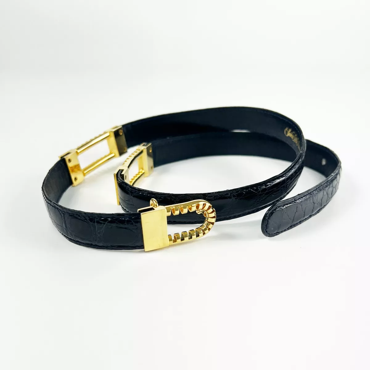 Saks Fifth Avenue Black Crocodile Embossed Leather Womens Belt Gold Zipper Italy