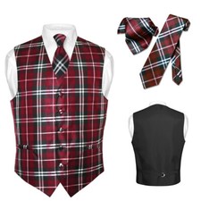 Men's Plaid Design Dress Vest NeckTie Black BURGUNDY White Neck Tie Hanky Set