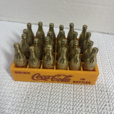 Old Vintage Mini Coca Cola Toy Miniature GOLD Coke Bottles in Plastic Crate