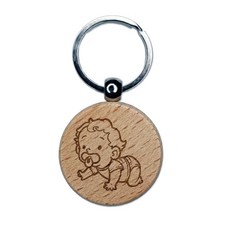 Crawling Baby Pacifier Diaper Toddler Engraved Wood Round Keychain Tag Charm