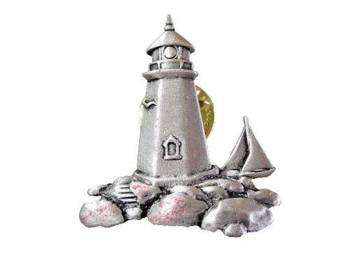 VINTAGE JJ LIGHT HOUSE SHIP DETAILED TIE TACK LAPEL STYLE PIN DETAILED PEWTER