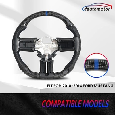 Real Carbon Fiber Steering Wheel Blue Stitching For 2010-2014 Ford Mustang GT