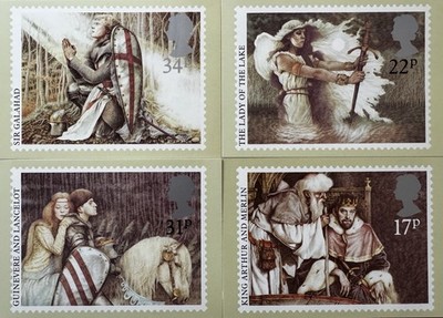 Set aus 4 King Arthurian Post Office PHQ Briefmarken Postkarten Galahad, Lancelot