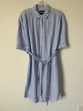 TAHARI 100% Linen Short Sleeve Button Up Belted Blue/Purple Shirt Dress Size S
