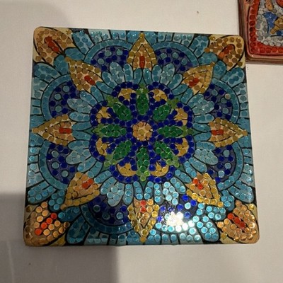 Mandala Pattern Multicolor Acrylic Square Coaster Set of 6 with Holder Handmade 
