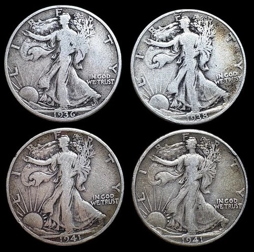 Walking Liberty Half Dollars - 90% Silver - Lot of 4, Circulated