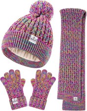 Kids Winter Hat Gloves Scarf Set,Girls Toddler Winter Hat Beanie with Pom Neck W