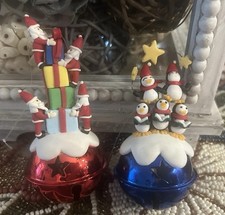 2 Itty Bitty Penguin & Santa On Jingle Bell Hanging Ornaments By PDL 3.5”