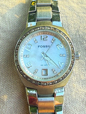 Fossil F2 Women's Quartz Watch Silver Stainless Bracelet Crystal Bezel Date